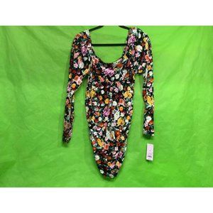 Women’s Floral Print Long Sleeve Velvet Ruched Bodycon Dress - Wild Fable M